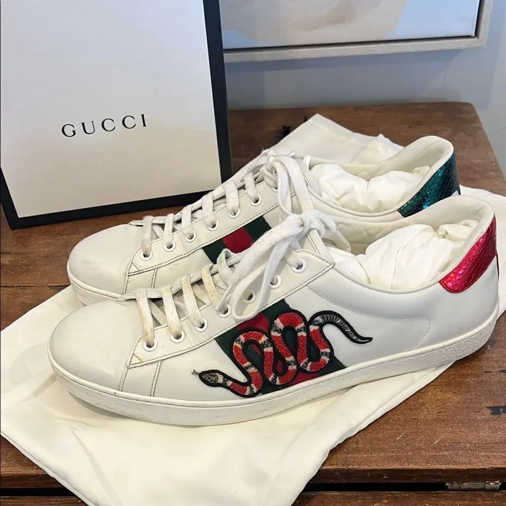 Gucci White Sneakers with Red and Green Snake Design